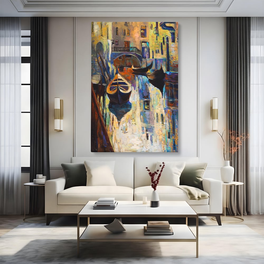Tablou canvas cu pictura canvas cu gondole in venetia, fara rama, pe sasiu de lemn, pe perete intr-un living